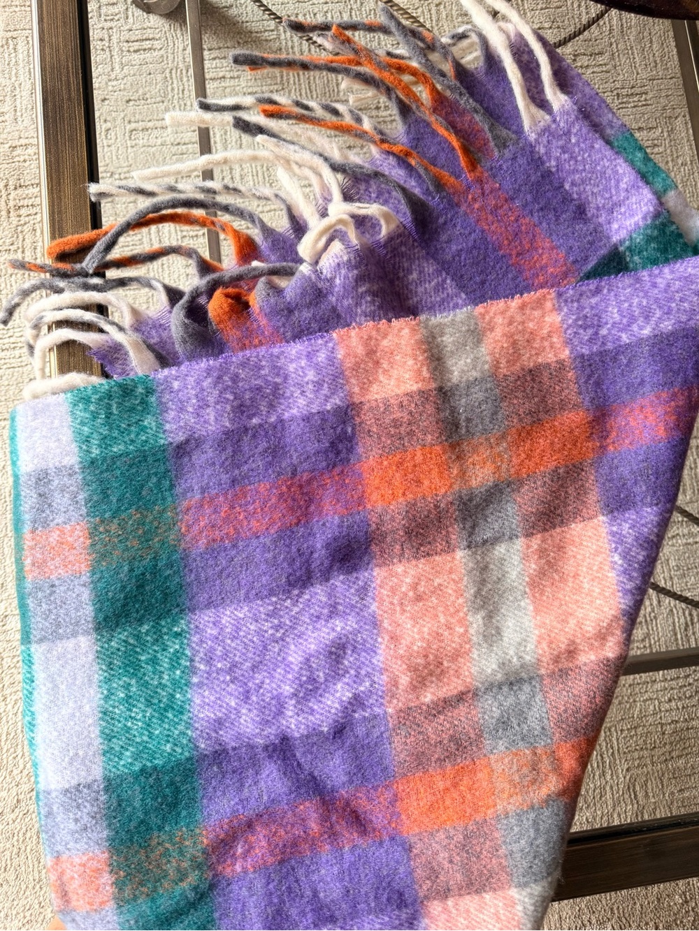 Long Soft Plaid Throw Scarf in Purple, Teal, Orange